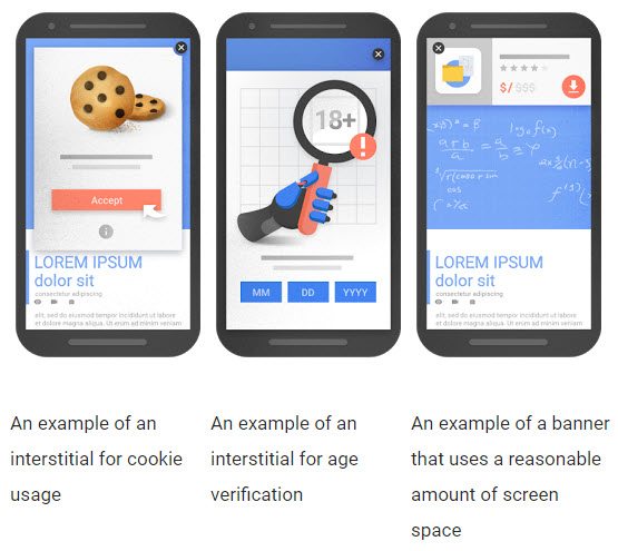 Examples of interstitials that would be acceptable after the January update, and not affect mobile rankings. <em>Source: Google Webmaster Central Blog.</em>