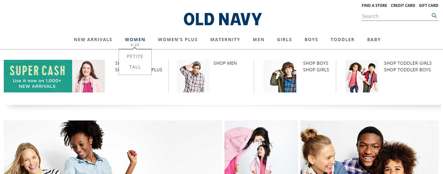 Old Navy’s header navigation links solely to categories and a handful of size types.