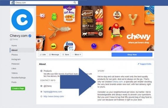 Chewy.com, a pet supply retailer, uses a blurb on its Facebook page.