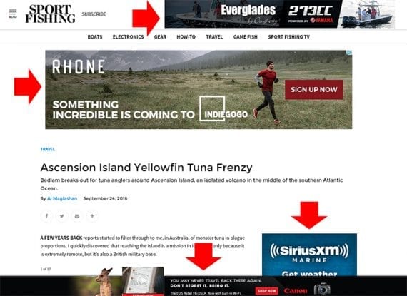 Sport Fishing magazine features digital ads on its site. These ads could help a related retailer drive web traffic to its online store.