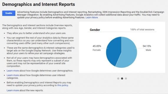 Update your Admin settings in Google Analytics to enable Demographics and Interests reporting.