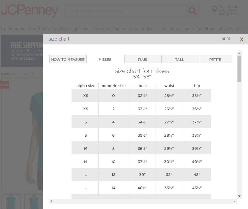 J.C. Penney uses generic size charts for many of the brands it carries. This can lead to dissatisfaction and increase returns.