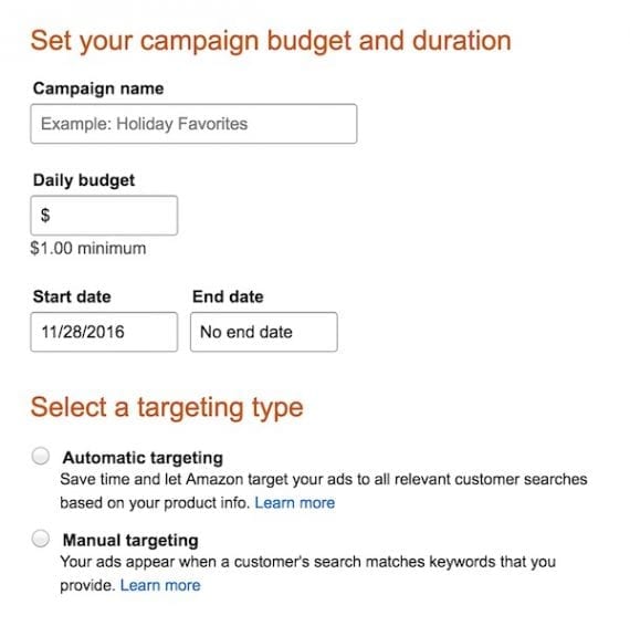 Amazon offers “Automatic targeting” and “Manual targeting” for its ad campaigns. Automatic targeting is better, initially, because it is difficult to know what search terms will match your products in Amazon Sponsored Products.