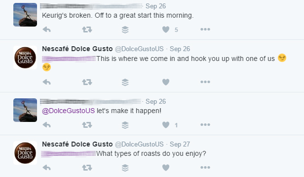 This consumer, on Twitter, mentions a broken Keurig machine. Dolce Gusto, a Keurig competitor, offered to replace it.