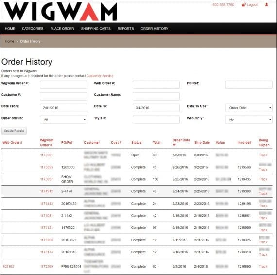 Wigwam's sales reps can look up online and offline order statuses via the ecommerce portal.
