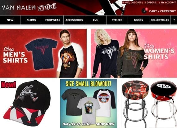 Van Halen Store's home page uses cards to spotlight the most popular categories rather than individual products. Since the most sought-after products for musical bands are t-shirts, this layout makes sense.