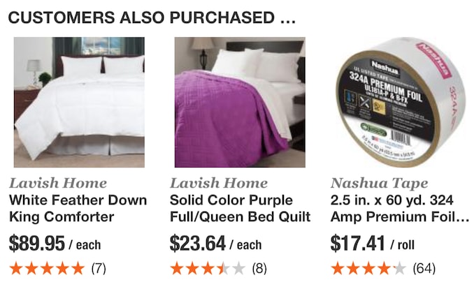 When searching for a clothing item or a lamp, the visual search recommendations were unrelated. In this example, Nashua Tape is being recommended with comforters and quilts.