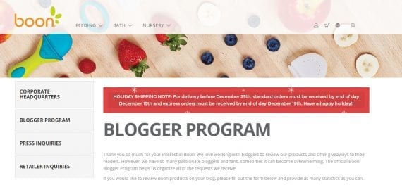 Bloggers can fill out a form to be considered for the Boon blogger program.