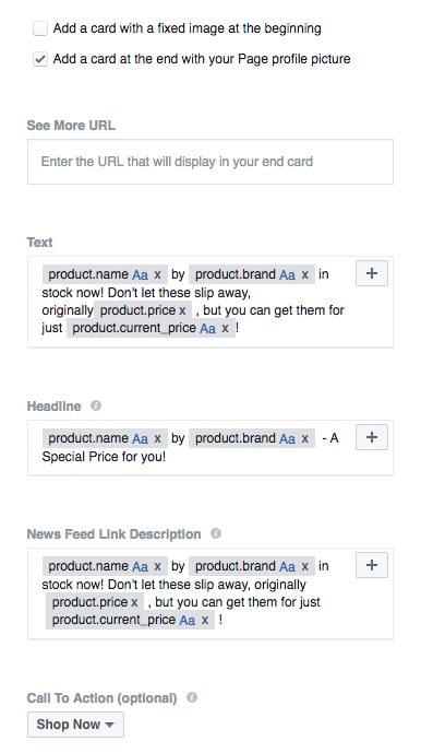 The main part of a Dynamic Product Ad template: the dynamic text.