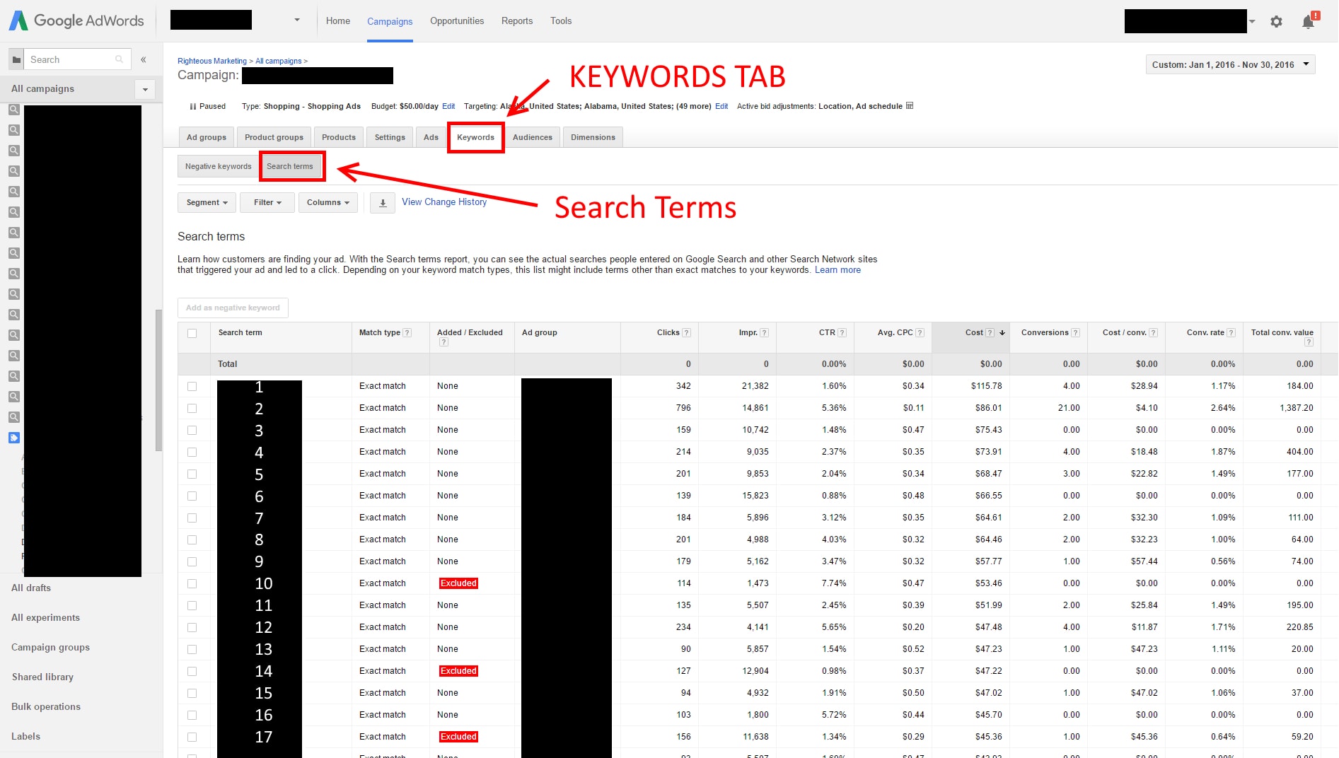 Click the "Keywords" tab and select "Search Terms" to look at queries in a campaign.