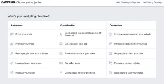 The Facebook ads manager, at "Campaign Creation," allows advertisers to select objectives (goals) for their campaigns. 