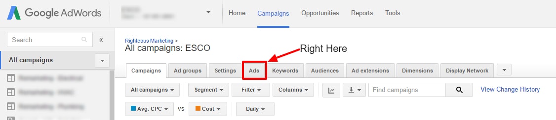Navigate to the Ads tab in your AdWords account.