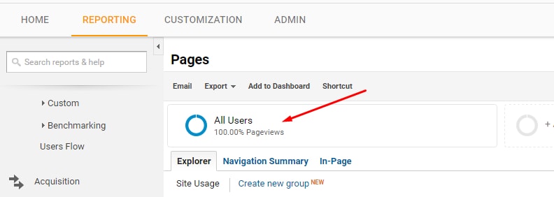 Click on “All Users” at the top-center of the reports in Google Analytics to open Advanced Segments