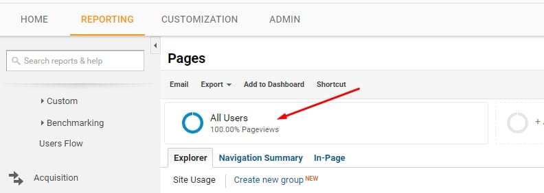 Click on “All Users” at the top-center of the reports in Google Analytics to open Advanced Segments