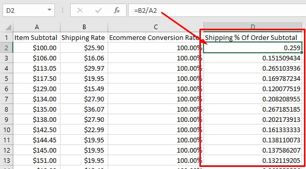 Add the column “Shipping % Of Order Subtotal” and enter the formula to report this value.