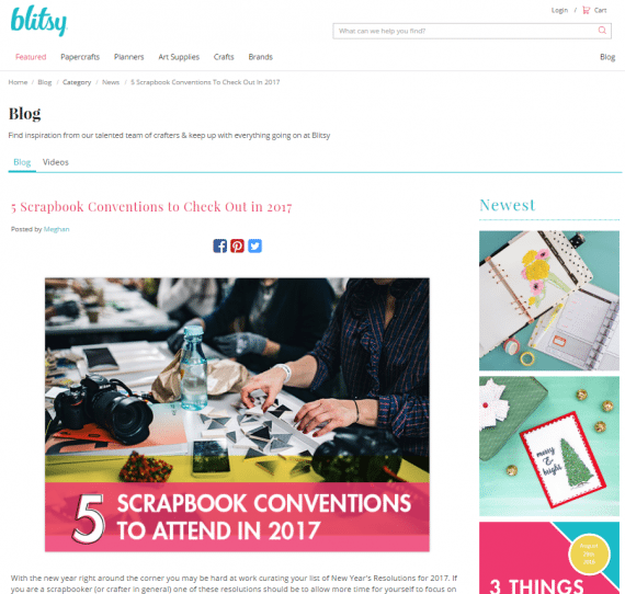 Blitsy, a craft store, alerts customers to upcoming crafting conventions. Some of its blog posts also focus on free printable crafts and journal pages.