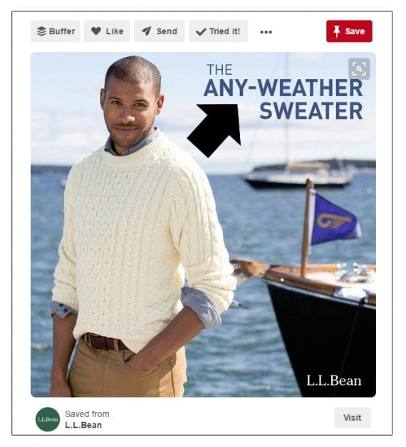 L.L.Bean is among the retailers that will sometimes add text directly to the pinned image.