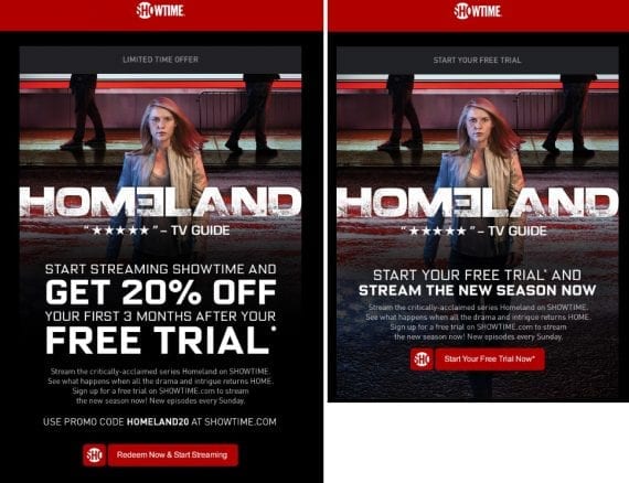This creative showcases two different offers the advertiser is testing. The example on the left emphasizes the promotion of "20% Off" much more prominently.