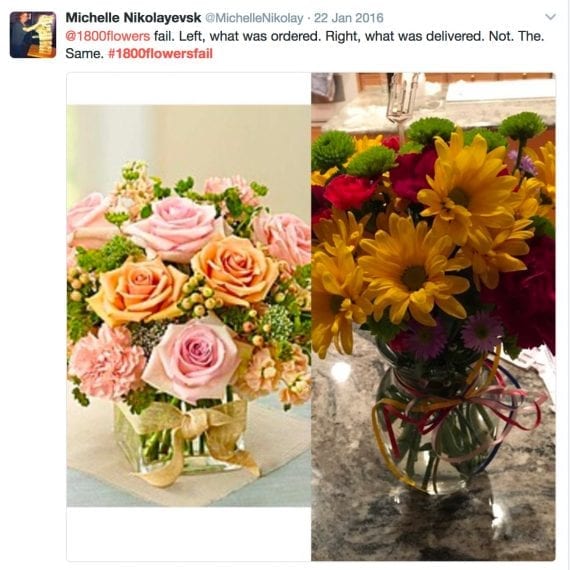 1-800 Flowers ran into issues when customers posted negative reviews on social media with negative hashtags attached.