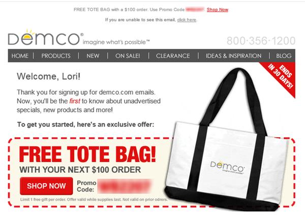 Demco offers a free tote bag in its welcome email.