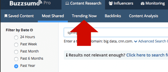 BuzzSumo looks for trending articles that may help you find new topics to cover.