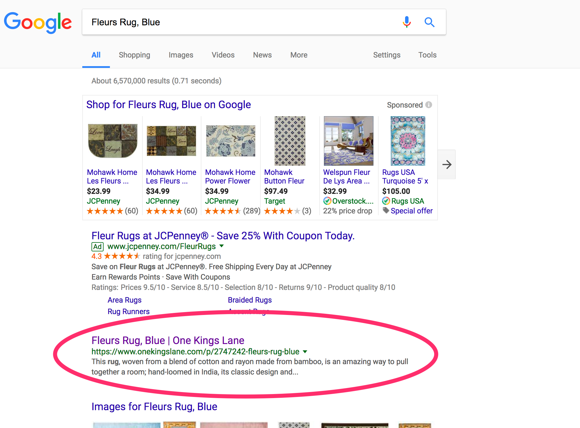 One Kings Lane has a top rank on Google for "Fleurs Rug, Blue" despite not having canonical tags.