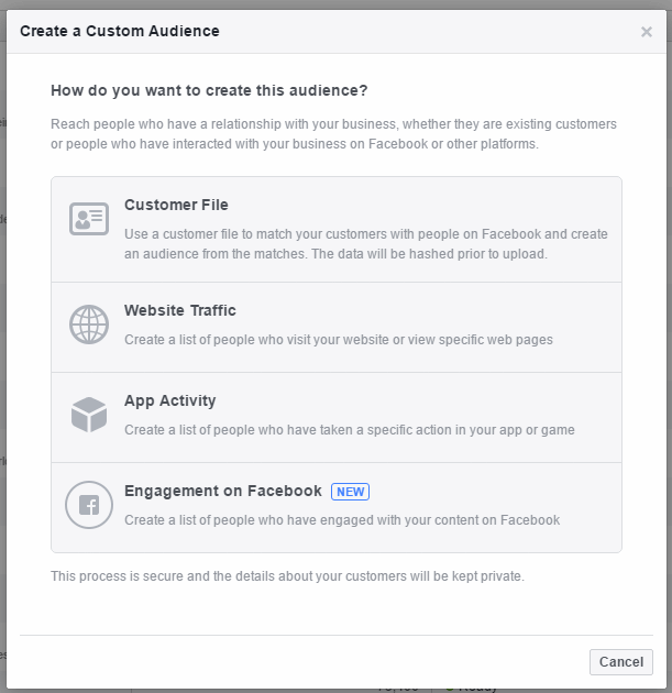 Options for creating a Custom Audience now include Engagement on Facebook.