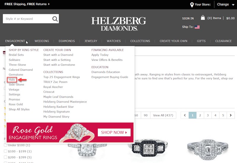 Helzberg.com links directly to an optimized page for halo engagement rings.