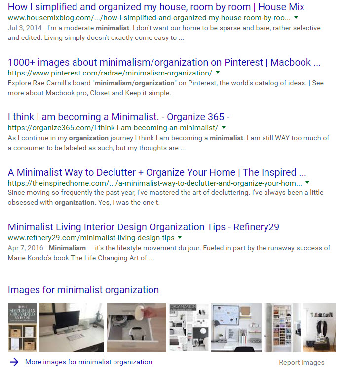 Google search results on minimalist and organization