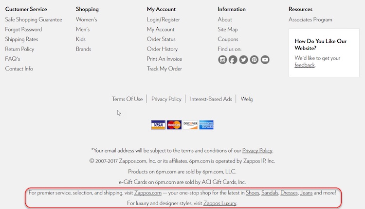 Discount site 6pm shares its link authority with the higher-priced Zappos.