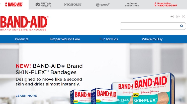 Band-Aid displays tabbed links to related Johnson & Johnson brands.
