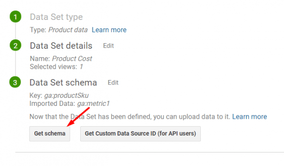 Leave “Overwrite hit data” set to “No” when both imported data and hit data are available. Save and then click on “Get schema.”