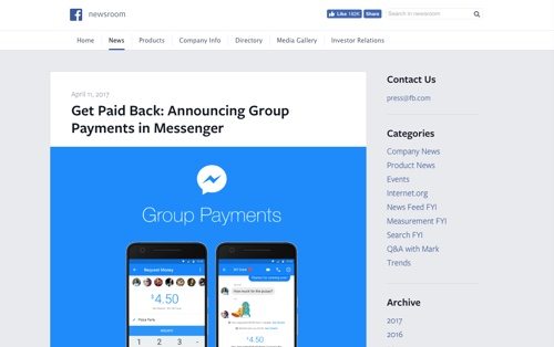 Facebook Newsroom, announcing group payments in Messenger.