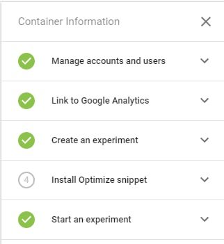 A checklist for installing Optimize correctly, provided in-app.