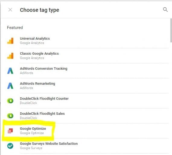 Tag type Optimize in ‘New Tag’ list in Google Tag Manager.