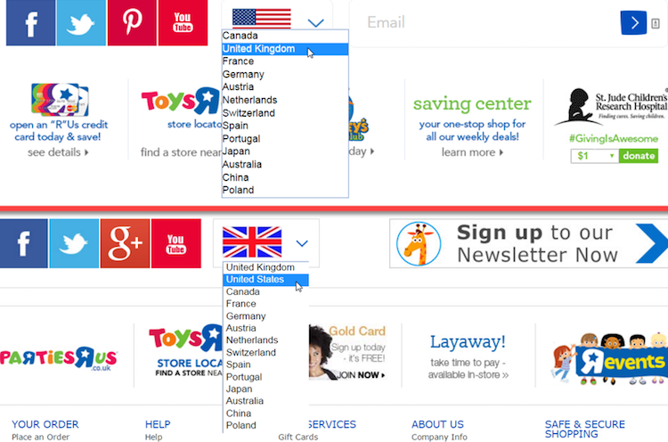 The Toys"R"Us footer uses an optimal location dropdown on the U.S. and U.K. versions of the site.