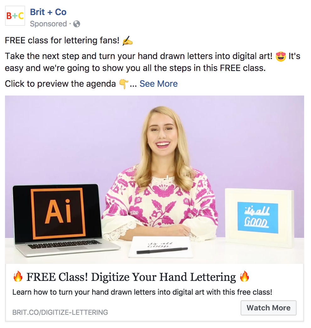Using this Facebook ad, Brit + Co offers free classes to entice prospects.