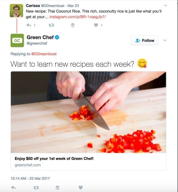 Green Chef uses tweets about trying new recipes to entice prospects.