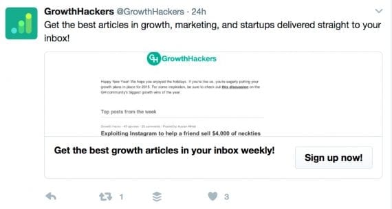 GrowthHackers, a training and consulting firm, allows new subscribers to enter their email address directly in an ad.