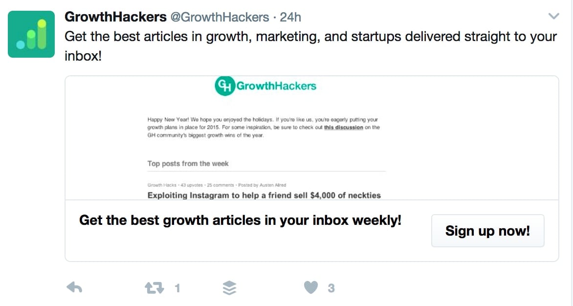 GrowthHackers, a training and consulting firm, allows new subscribers to enter their email address directly in this Twitter ad.