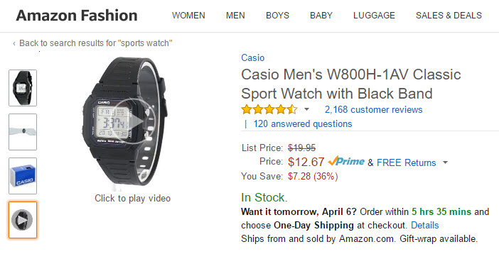 Amazon page for a Casio watch, with video.