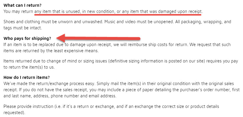 Clarity about who pays for shipping and what can be returned.