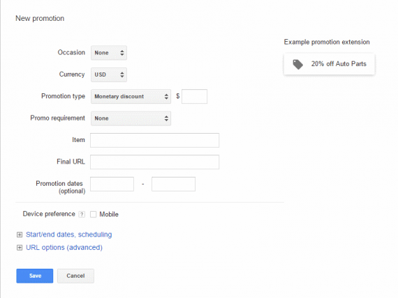 AdWords Promotion Extension screen.