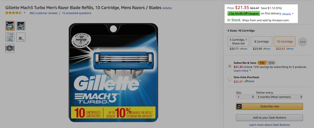 Gillette issued coupons (at top right in the screenshot, above) to reduce the selling price without changing the MSRP.