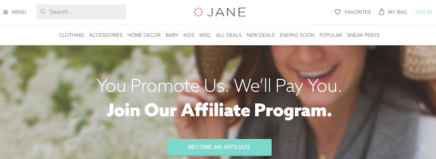 Jane offers detailed explanations of its affiliate program and invite prospects to "Become An Affiliate."