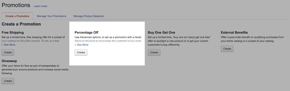 To create coupon code discounts, go to the promotions option and choose "Percentage Off."