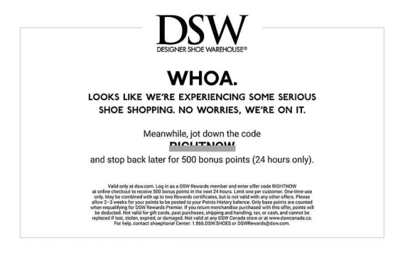 DSW's server error page shown during a recent redesign encouraged shoppers to return by offering a discount.