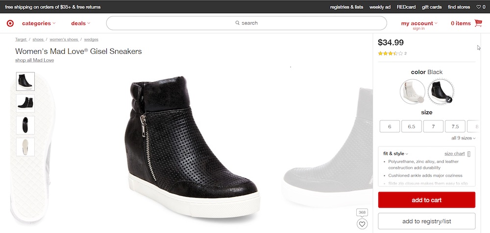 This pair of shoes from Target.com might be assigned the categories of "women’s shoes," "sneakers," "wedges," and "new arrivals."