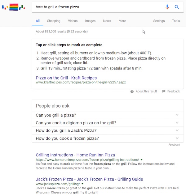 Google Answer Cards for the search query “how to grill a frozen pizza.”