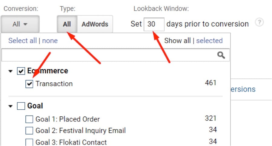 Select “Ecommerce” as the "Conversion" type and deselect all "Goals" so the reporting focuses on ecommerce transactions and revenue. Keep “All” for conversion "Type" and keep the "Lookback Window" at 30 days prior to conversion.